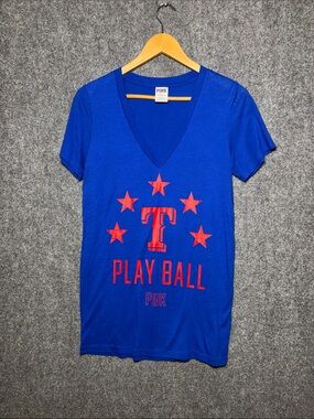 PINK Victoria's Secret Royal Blue V-Neck Tee with Red Graphics